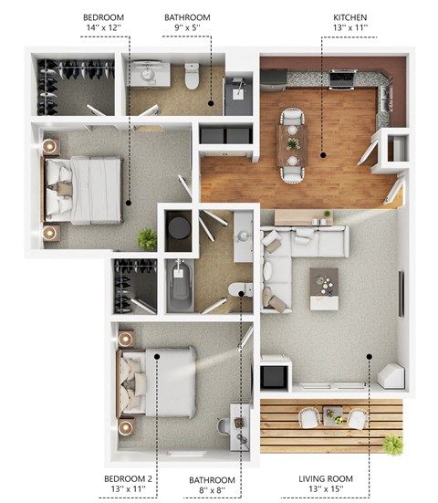 Floor plan for 2 beds, 2 baths, 1040 sqft